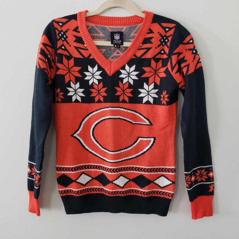 NFL Team Apparel Womens Chicago Bears V-Neck Sweater Small Big Logo Ugly Sweater